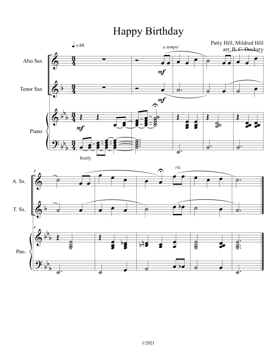 Happy Birthday (Alto and Tenor Sax Duet) with optional piano accompaniment image number null