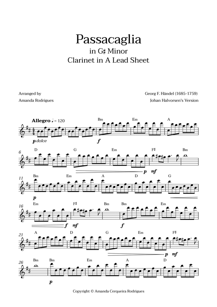Passacaglia - Easy Clarinet in A Lead Sheet in G#m Minor (Johan Halvorsen's Version) image number null