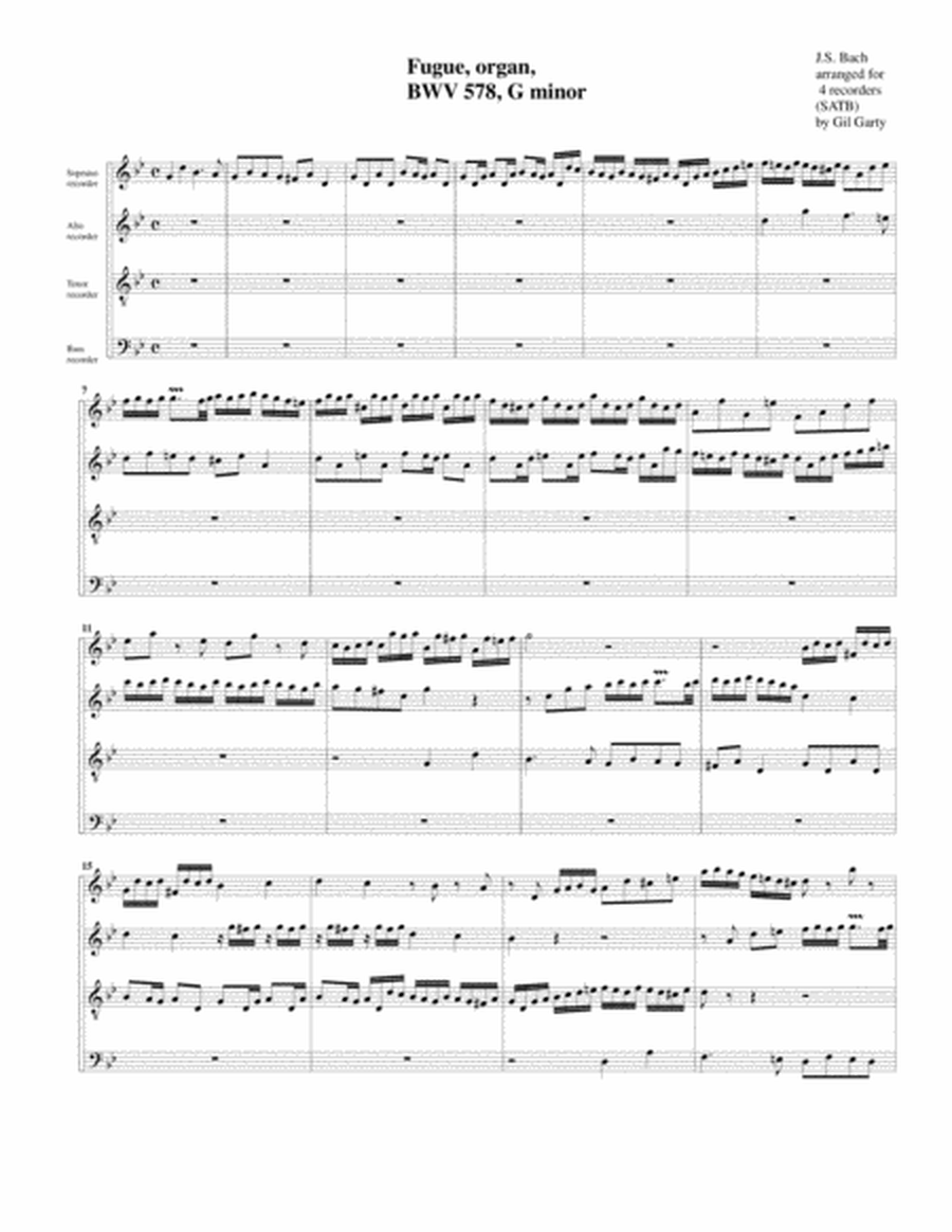 Fugue for organ, BWV 578 (Arrangement for 4 recorders)