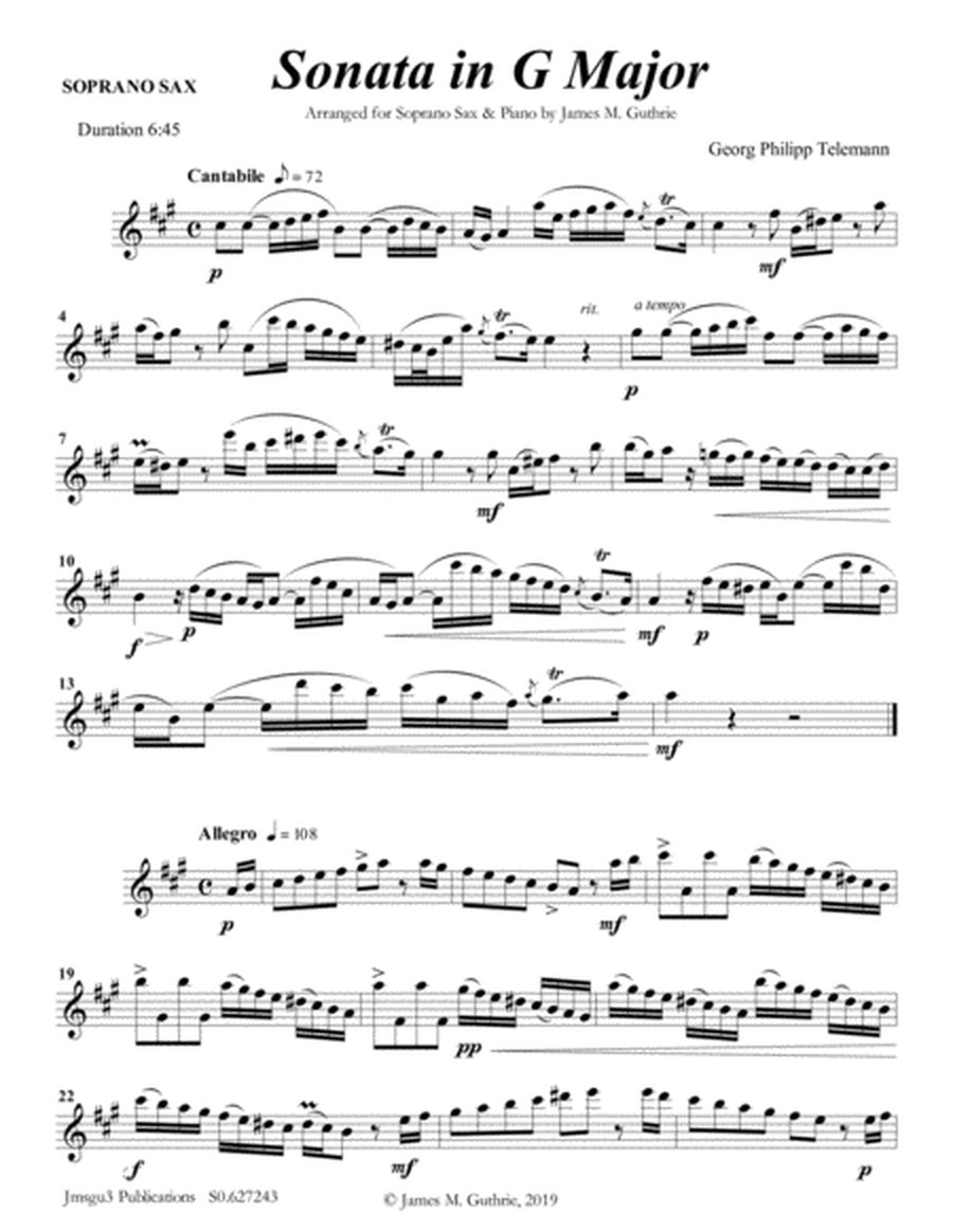 Telemann: Sonata in G Major for Soprano Sax & Piano image number null