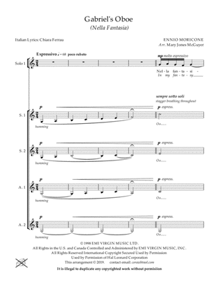 Book cover for Gabriel's Oboe (Nella Fantasia), for Ladies a cappella (Solo 1, Solo 2, Solo 3, S.S A.A.)