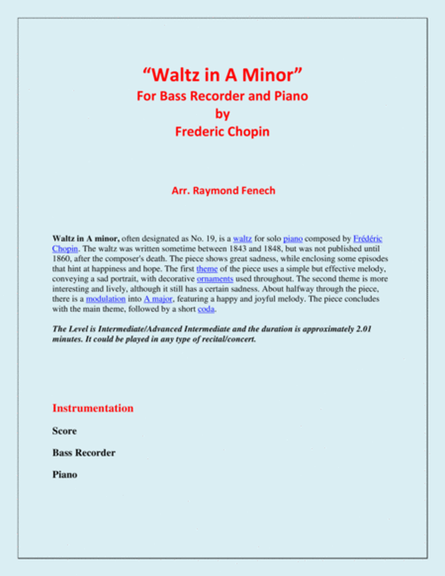Waltz in A Minor (Chopin) - Bass Recorder and Piano - Chamber music image number null