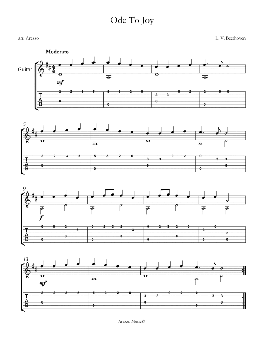 ode to joy guitar sheet music with tabs in D for beginners image number null