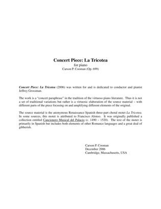 Book cover for Carson Cooman: Concert Piece: La Tricotea (2006) for piano