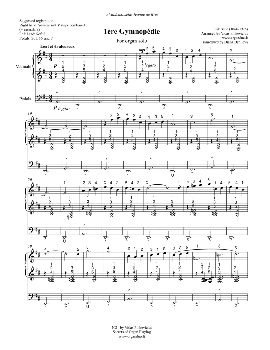 3 Gymnopèdies (arr. for Organ Solo) by Erik Satie with fingering and pedaling