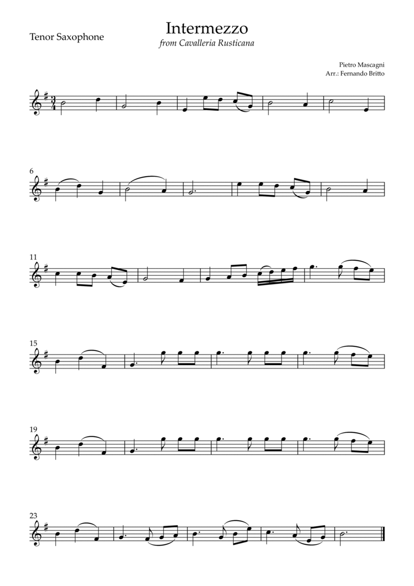 Intermezzo Cavalleria Rusticana (Pietro Mascagni) for Tenor Saxophone Solo