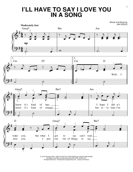 I'll Have To Say I Love You In A Song by Jim Croce - Easy Piano - Digital Sheet  Music | Sheet Music Plus