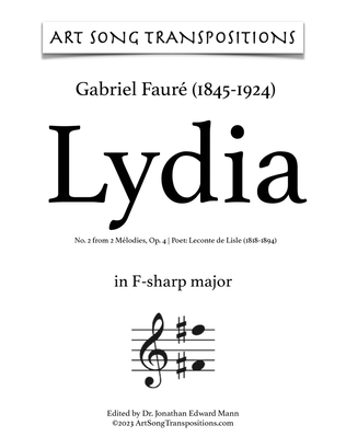 Book cover for FAURÉ: Lydia, Op. 4 no. 2 (transposed to F-sharp major, F major, and E major)