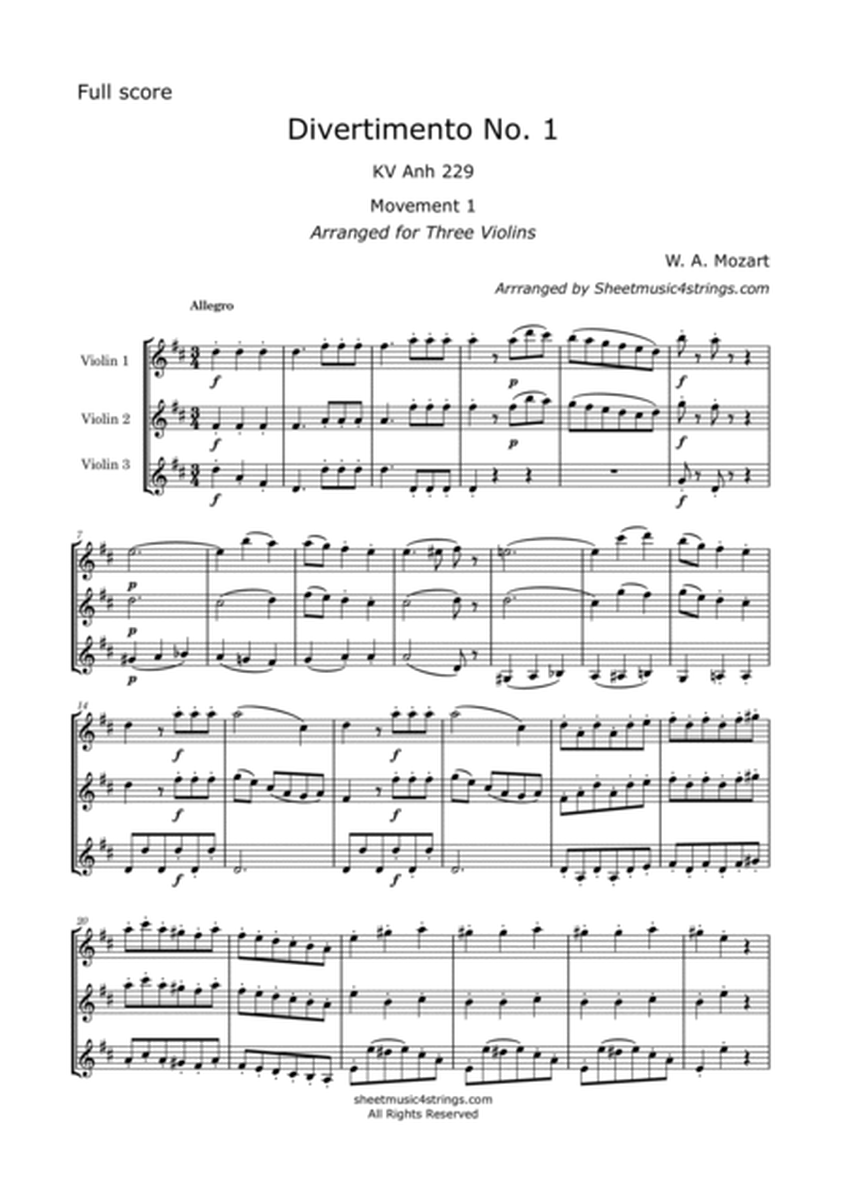 Mozart, W.A. - Divertimento No. 1, K. 229, Arranged for 3 Violins image number null