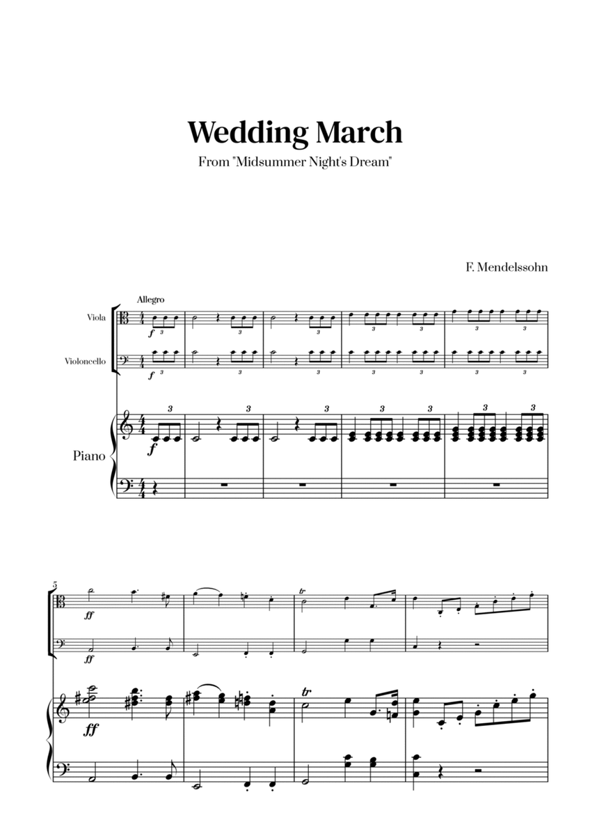 Felix Mendelssohn - Wedding March From Midsummer Night's Dream for Viola, Cello and Piano image number null
