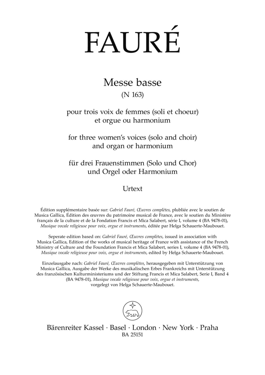 Messe basse for three Female Voices (solo and choir), and Organ or Harmonium N 163