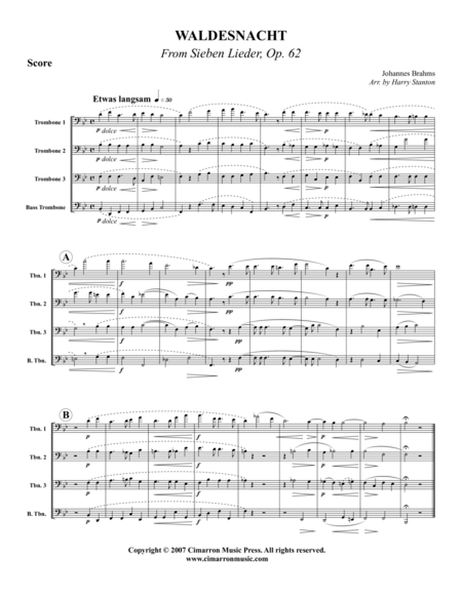 Waldesnacht by Johannes Brahms Trombone Quartet - Digital Sheet Music