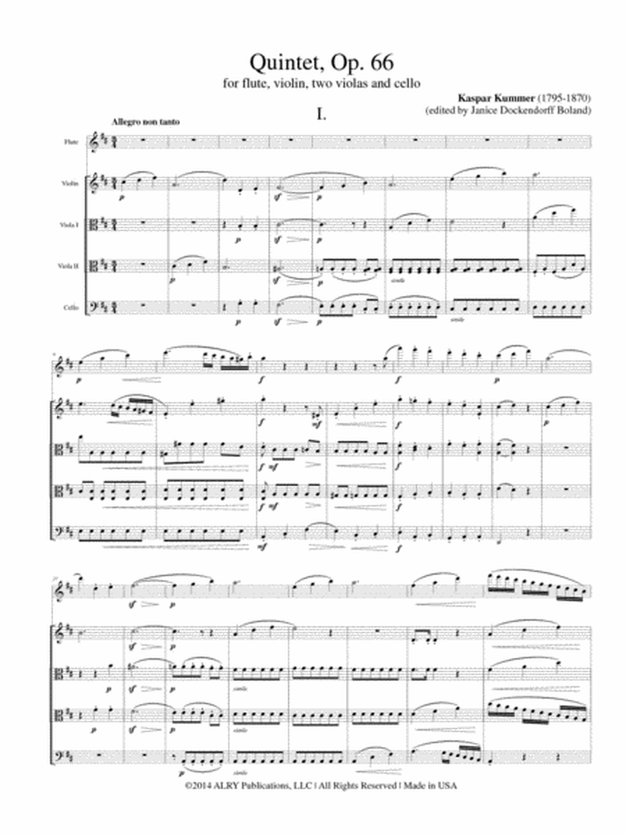 Flute Quintet, Op. 66, for Flute, Violin, Two Violas and Cello