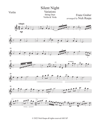 Book cover for Silent Night - Variations (Violin & Viola duet) Violin part