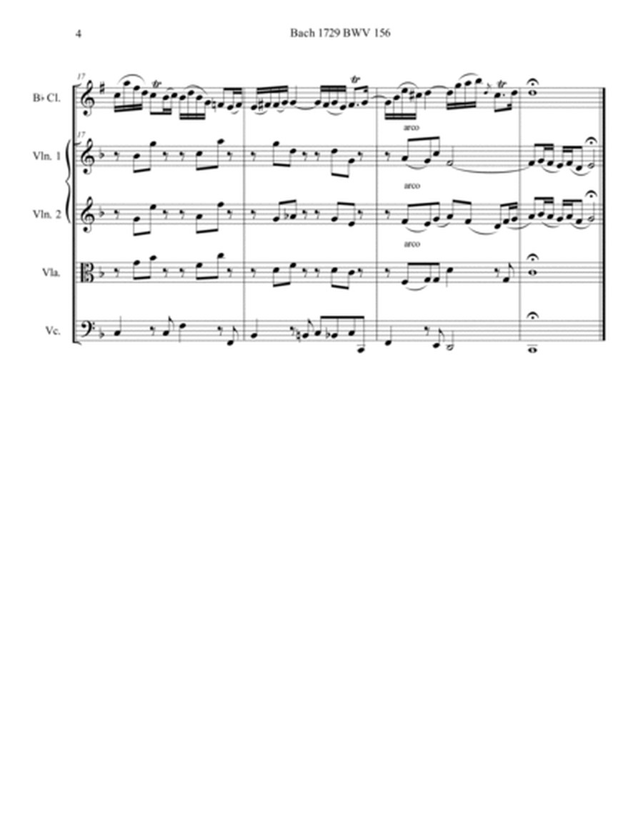 Bach 1729 BWV 156 Adagio for Solo Bb Clarinet Strings Parts and Score