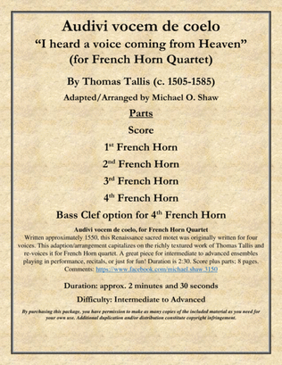 Book cover for Audivi vocem de coelo, "I Heard a Voice Coming from Heaven": for French Horn Quartet