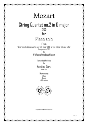 Book cover for Mozart – Complete String quartet no.2 in D major K155 for piano solo