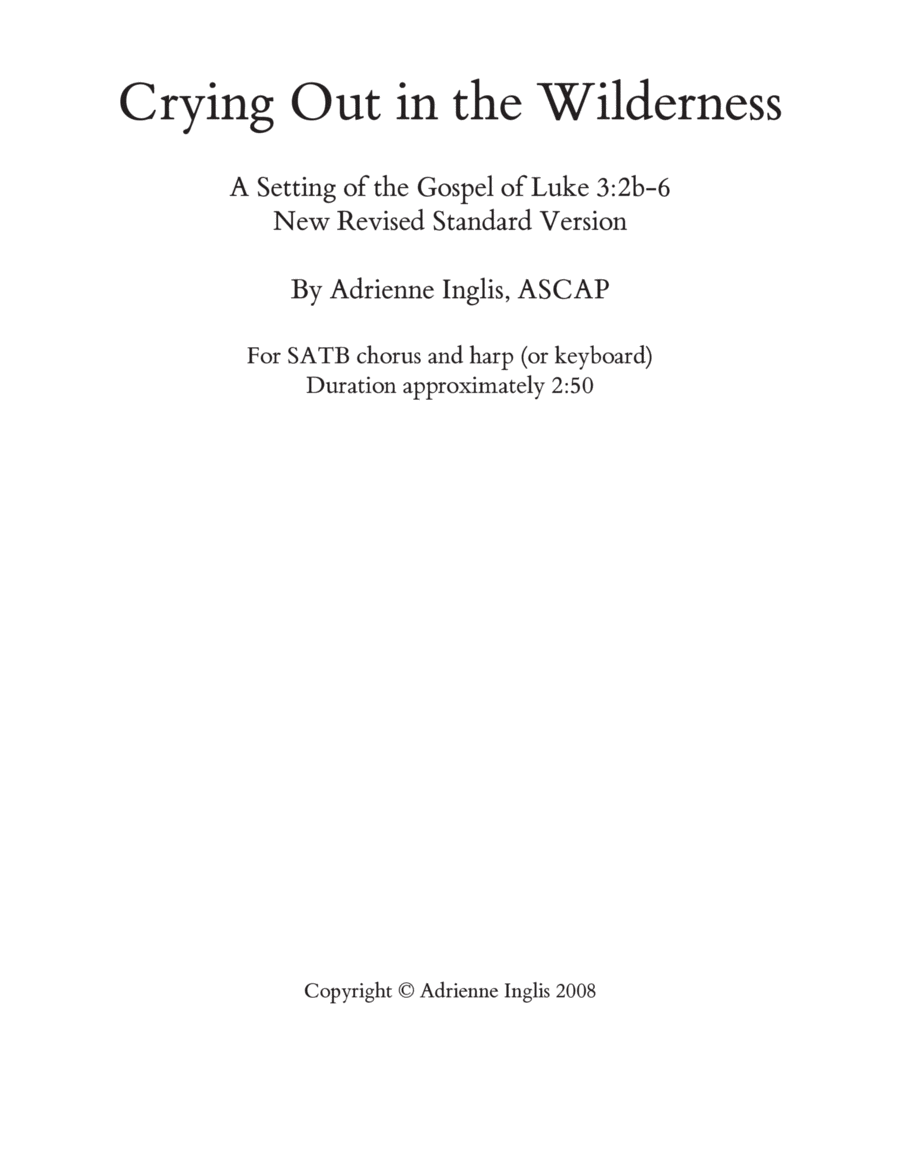 Crying Out in the Wilderness for SATB chorus and pedal or lever harp or keyboard image number null