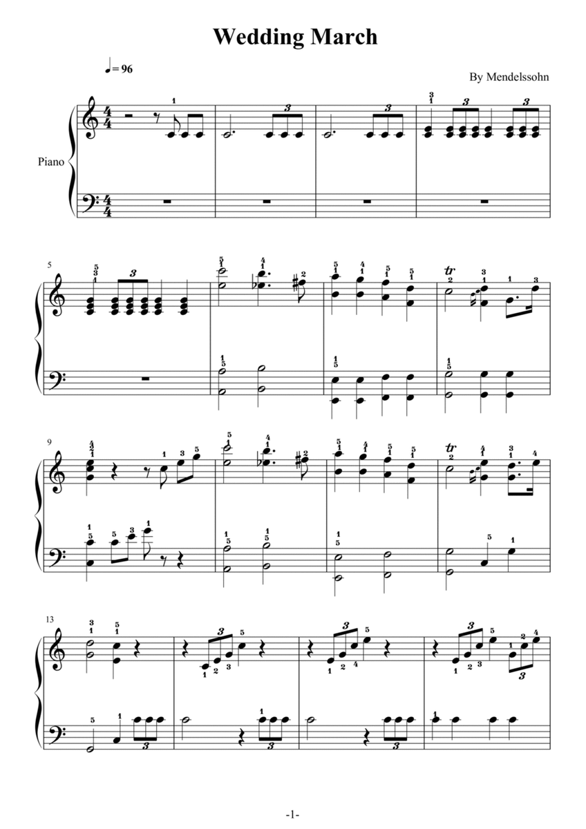 Mendelssohn,Wedding March,Easy Piano,with Fingering,C Major by Felix Bartholdy Mendelssohn Easy Piano - Digital Sheet Music