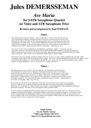 Jules DEMERSSEMAN Ave Maria for SATB Saxophone Quartet (or Voice and ATB Saxophone Trio)