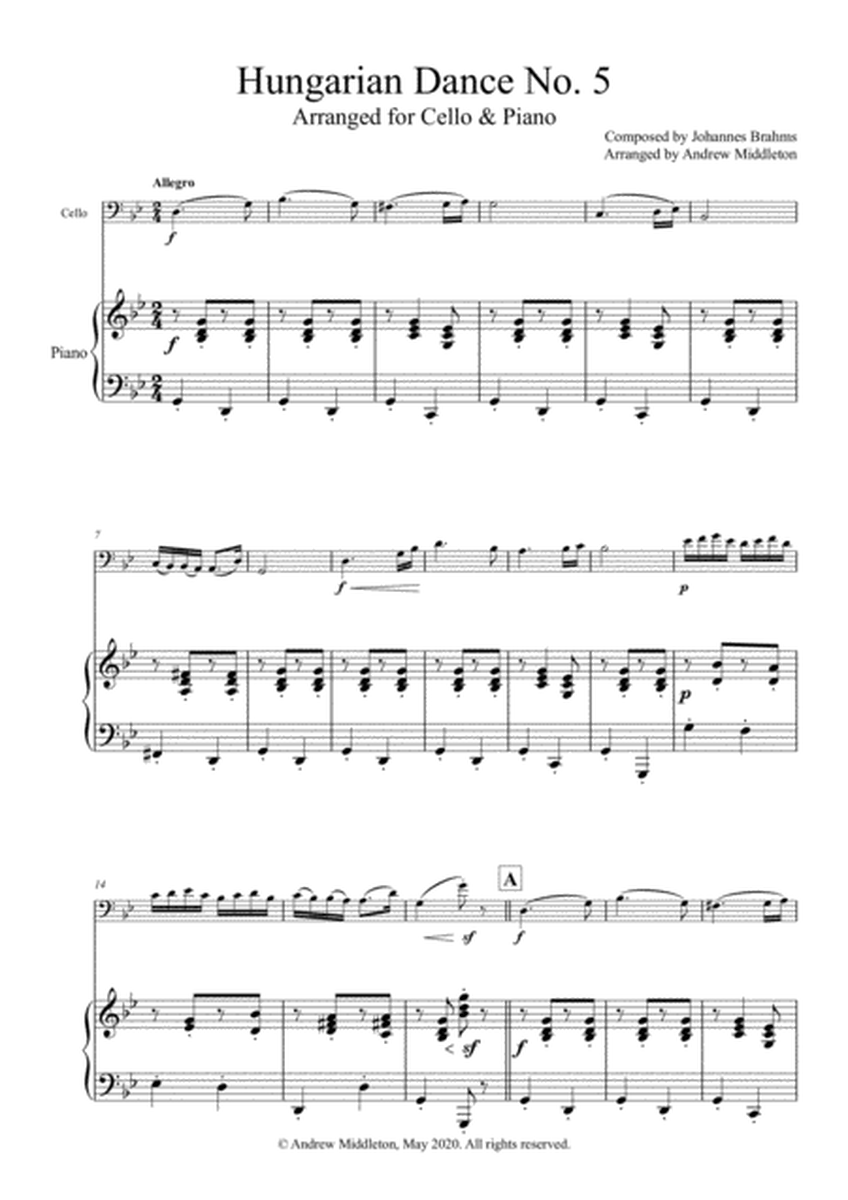 Hungarian Dance No. 5 in G Minor arranged for Cello and Piano image number null