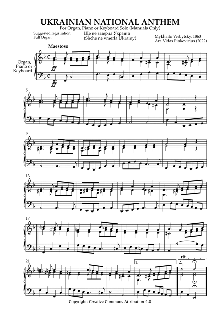 Ukrainian National Anthem for Piano, Keyboard or Organ Manuals Only image number null