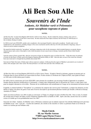 Book cover for Ali Ben Sou Alle :Souvenirs de l'Inde Andante, Air Malabar varié et Polonnaise for soprano saxophone