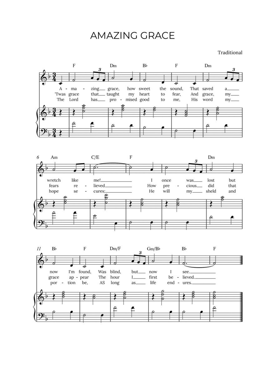 AMAZING GRACE - for piano and alto in F major with chords image number null