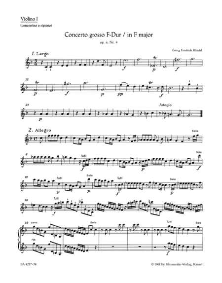 Concerto grosso F major, Op. 6/9 HWV 327