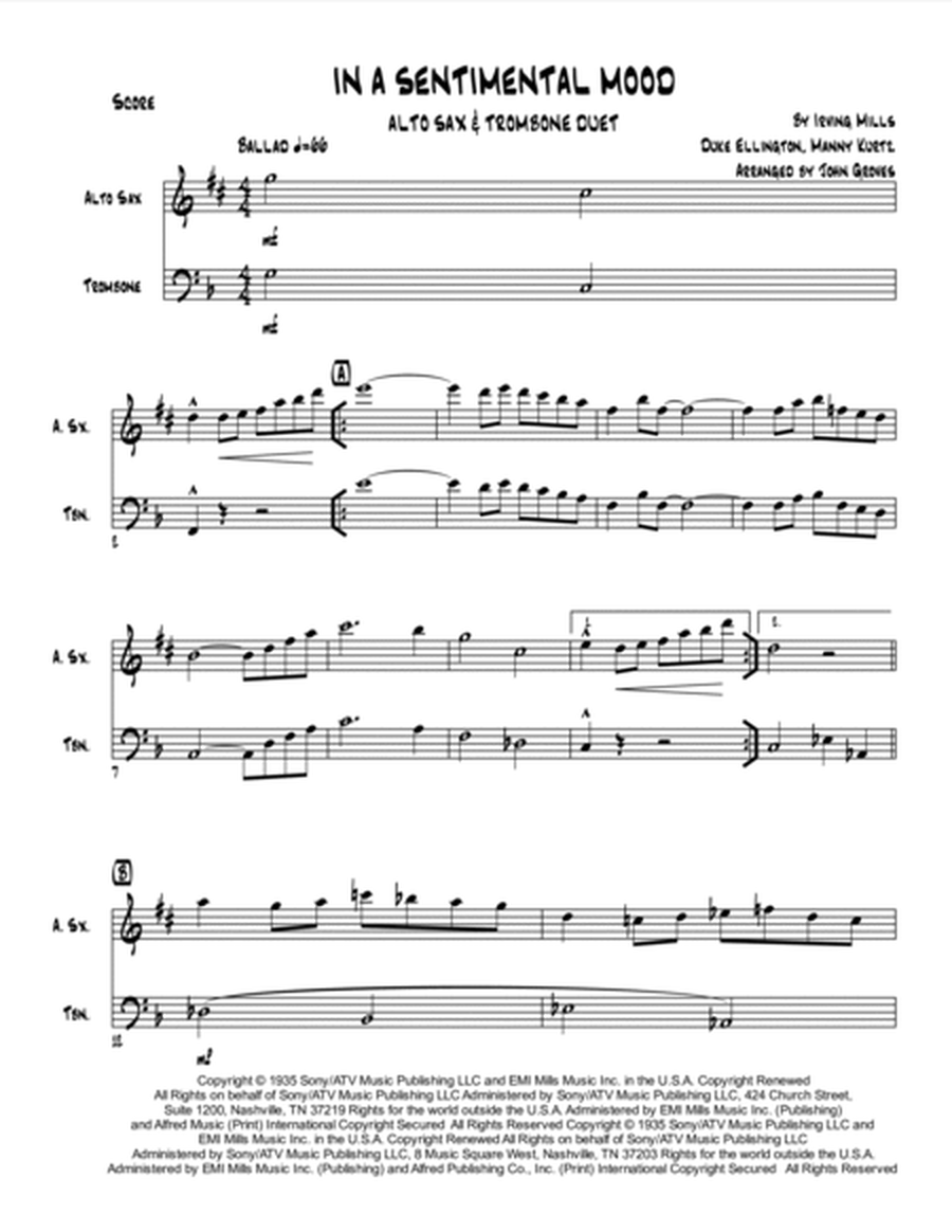 In A Sentimental Mood by Duke Ellington Trombone Duet - Digital Sheet Music