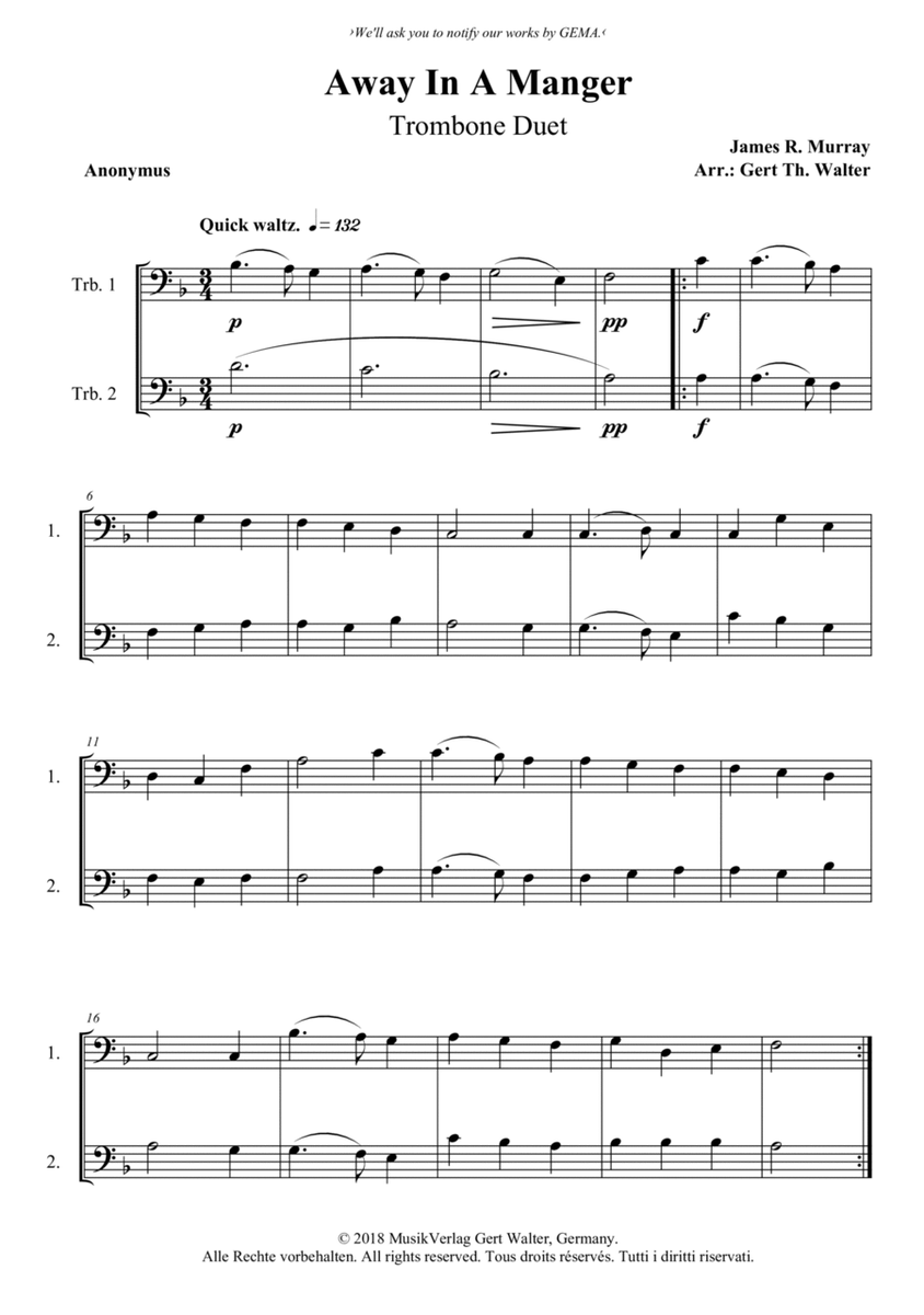 Away In A Manger (1st. version) Trombone Duet - Digital Sheet Music