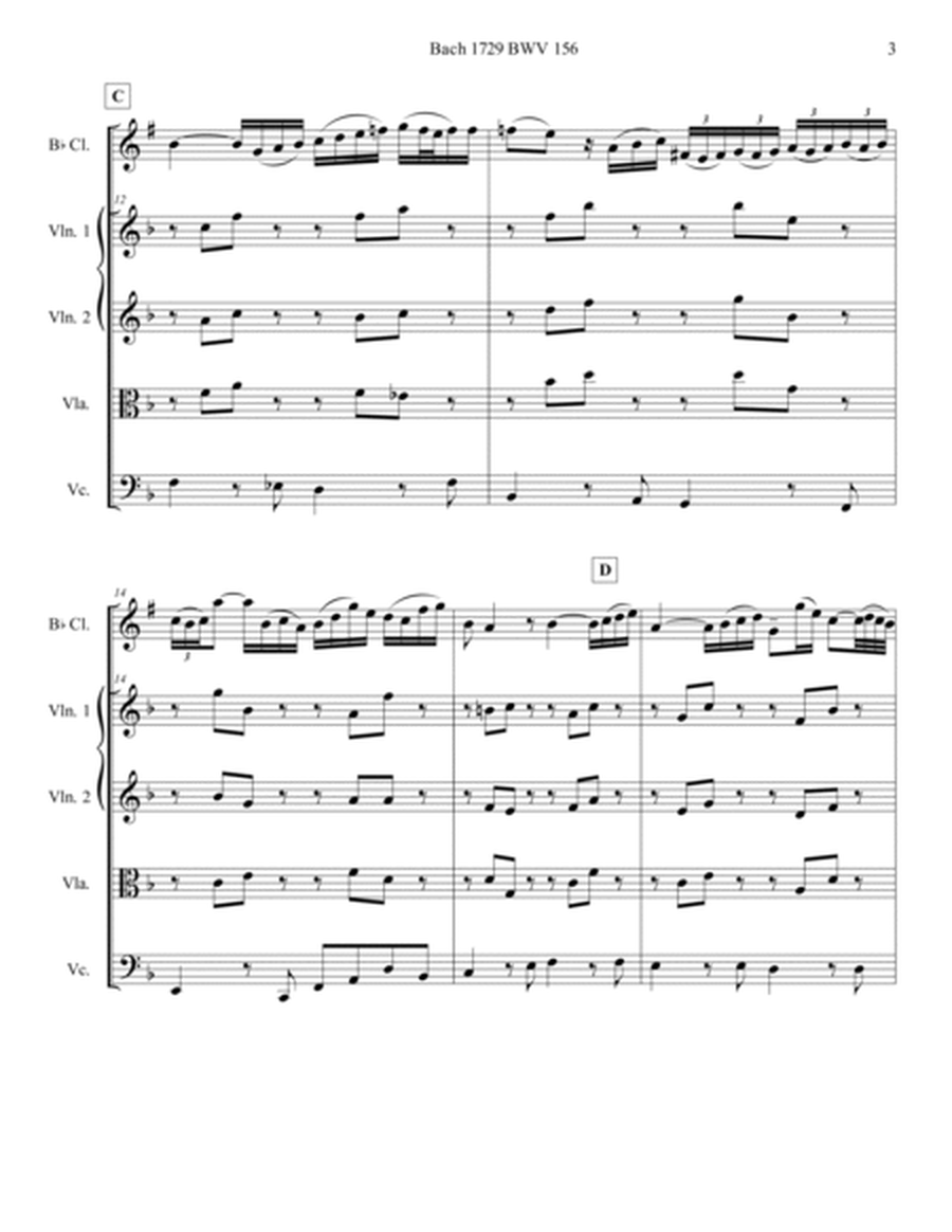 Bach 1729 BWV 156 Adagio for Solo Bb Clarinet Strings Parts and Score