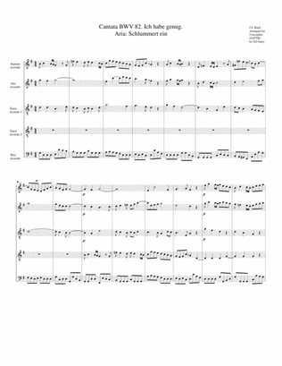 Book cover for Aria: Schlummert ein from Cantata BWV 82 (arrangement for 5 recorders)