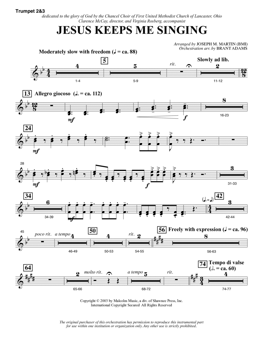 Jesus Keeps Me Singing - Bb Trumpet 2,3