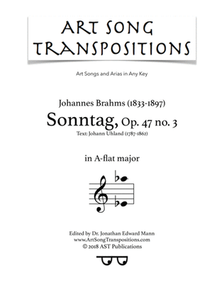 Book cover for BRAHMS: Sonntag, Op. 47 no. 3 (transposed to A-flat major)