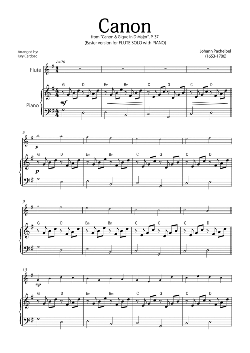 "Canon" by Pachelbel - EASY version for FLUTE SOLO with PIANO image number null
