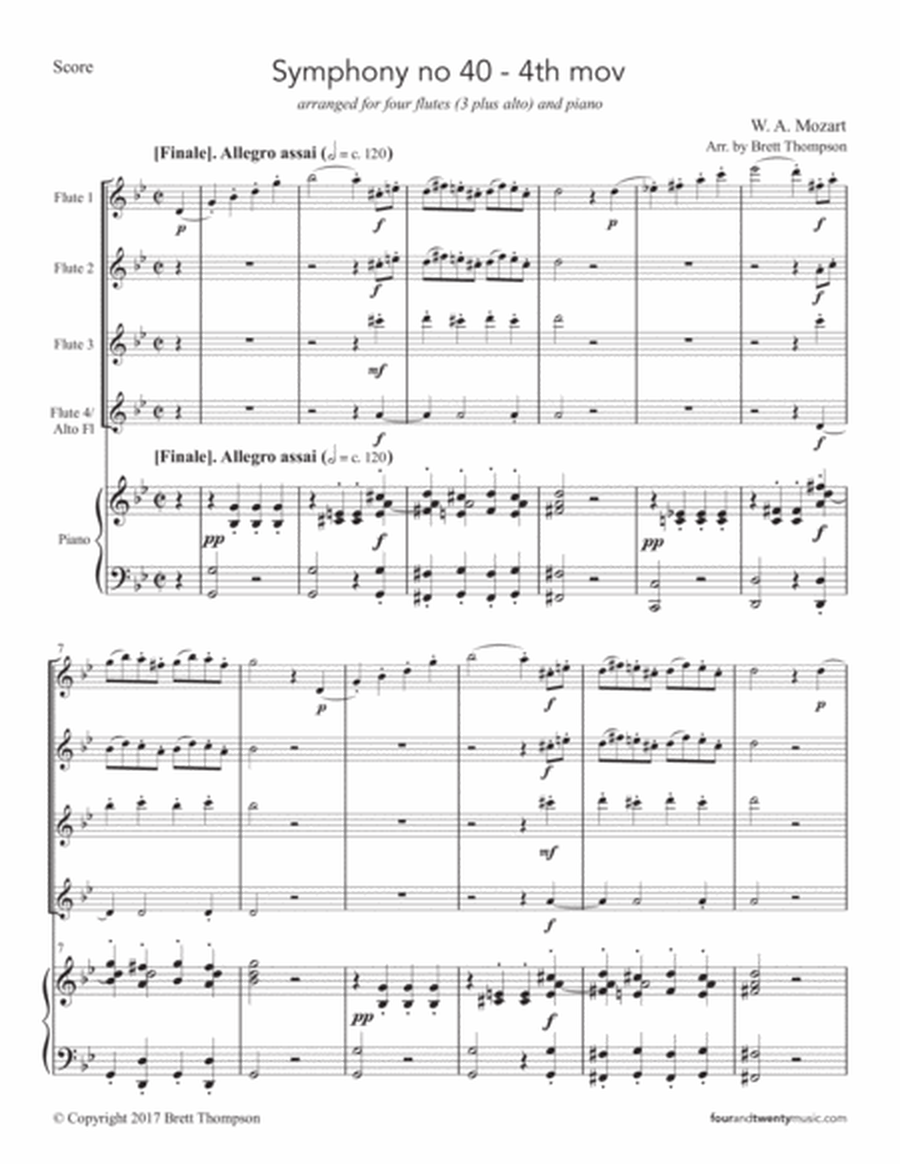 Symphony no 40, 4th movement, arranged for four flutes and piano image number null