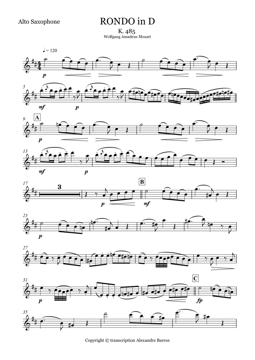 Rondo D, K 485 - SOLO FOR ALTO SAX - duet for piano and sax image number null