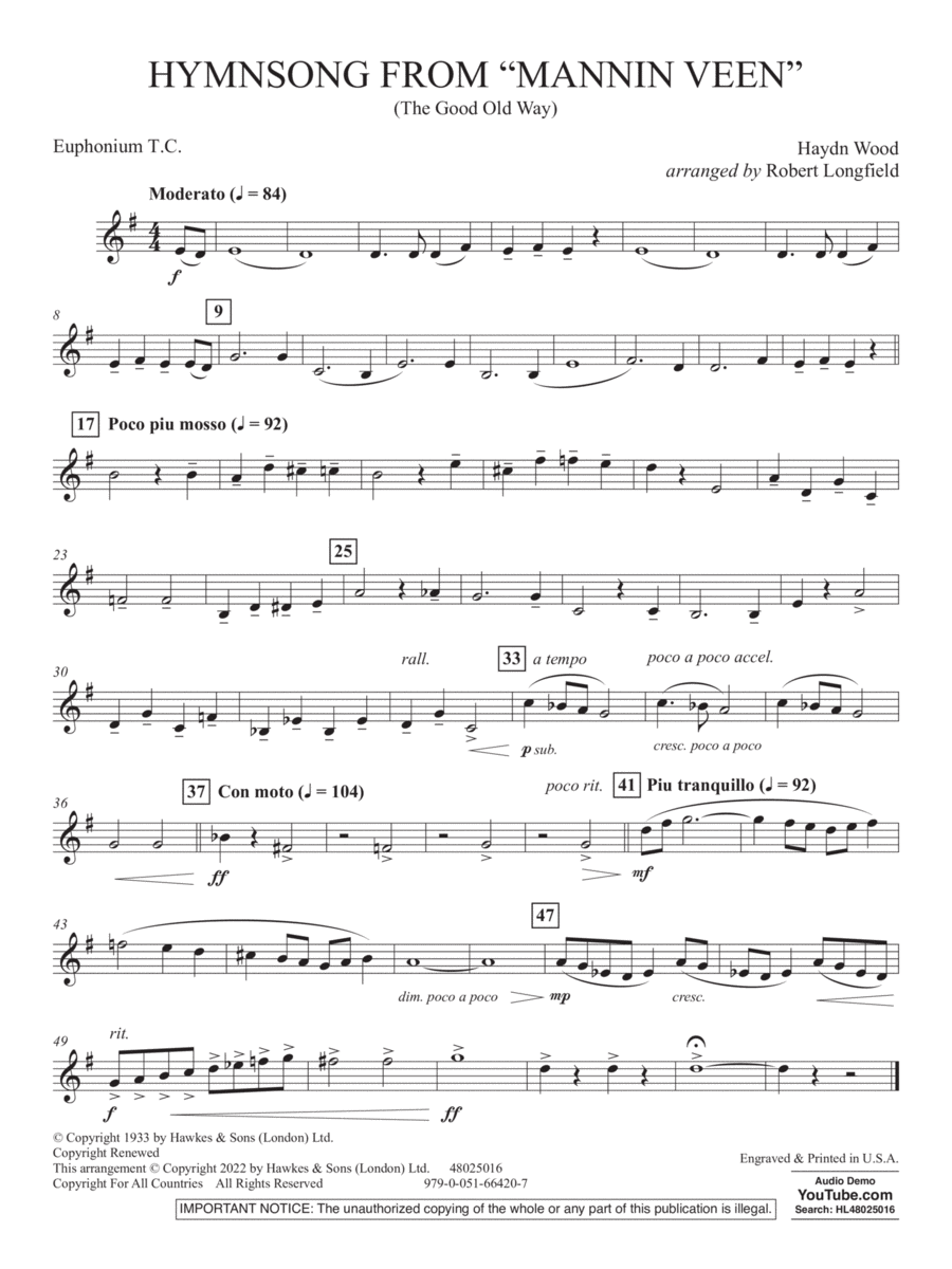 Hymnsong from "Mannin Veen" (arr. Robert Longfield) - Euphonium in Treble Clef
