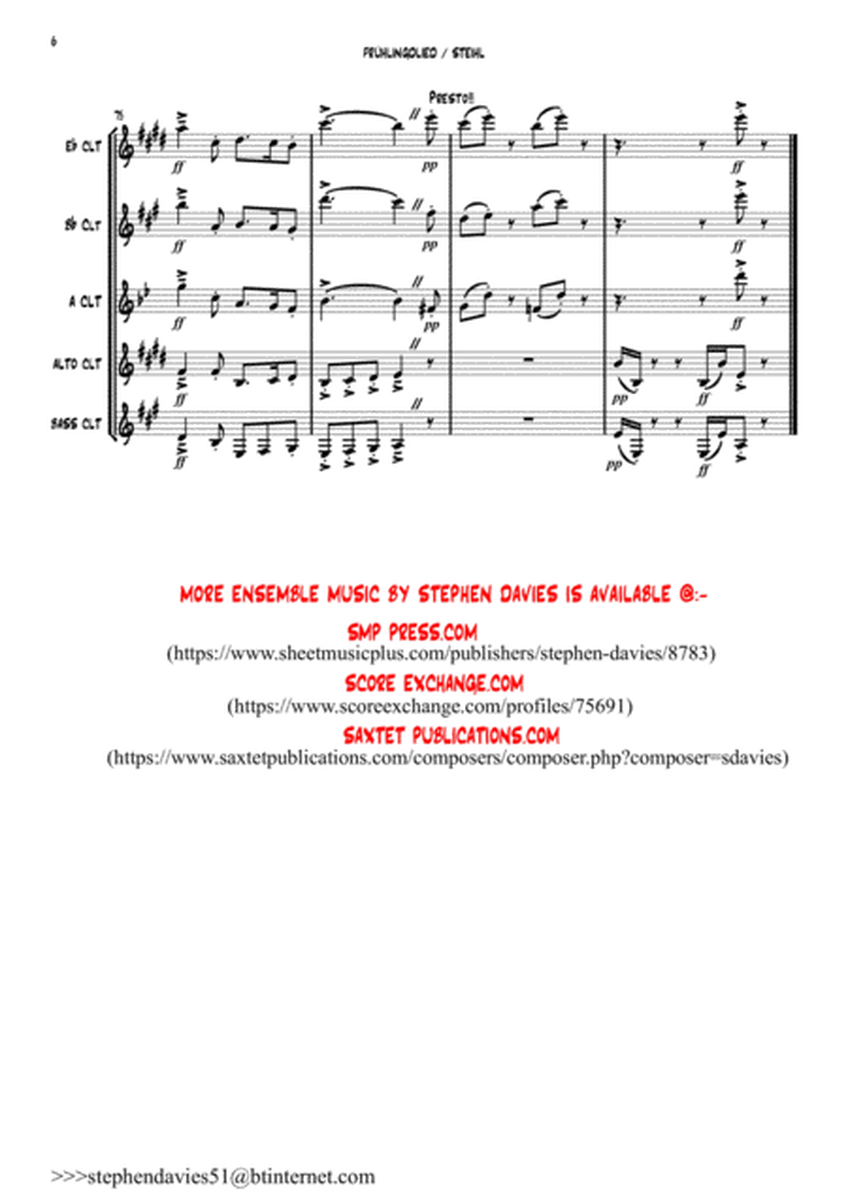 FRUHLINGSLIED (Spring Song) by Heinrich Stiehl for Clarinet Quintet -Eb/ Bb/ A/ Alto/ Bass image number null