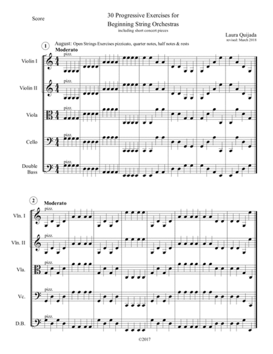 30 Progressive Exercises for Beginning String Orchestra, with short concert pieces. Score & parts