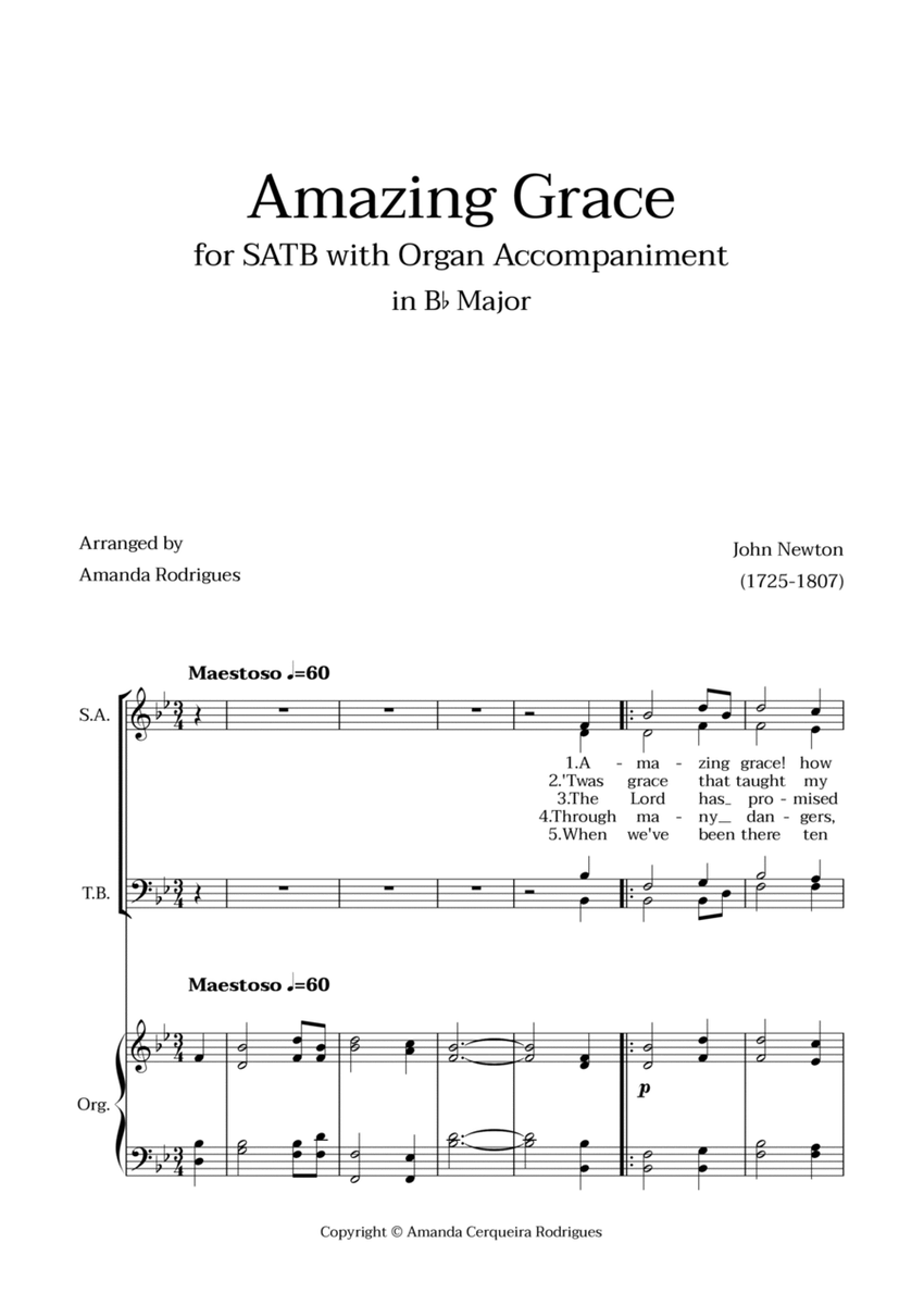 Amazing Grace in Bb Major - SAT and Baritone with Organ Accompaniment image number null