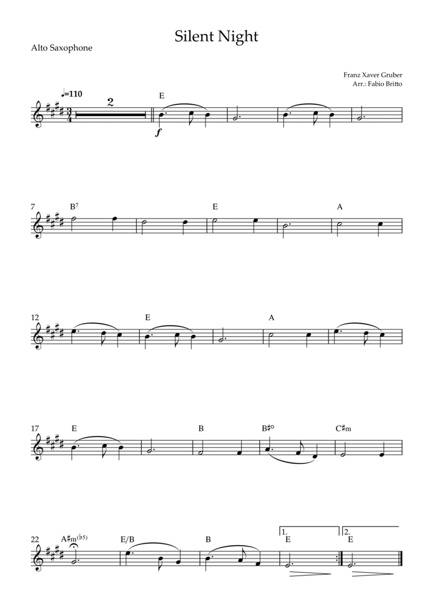 Silent Night (Christmas Song) for Alto Saxophone Solo with Chords