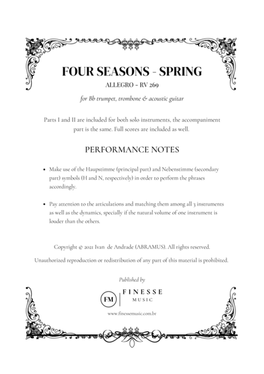 TRIO - Four Seasons Spring (Allegro) for Bb TRUMPET, TROMBONE and ACOUSTIC GUITAR - F Major image number null