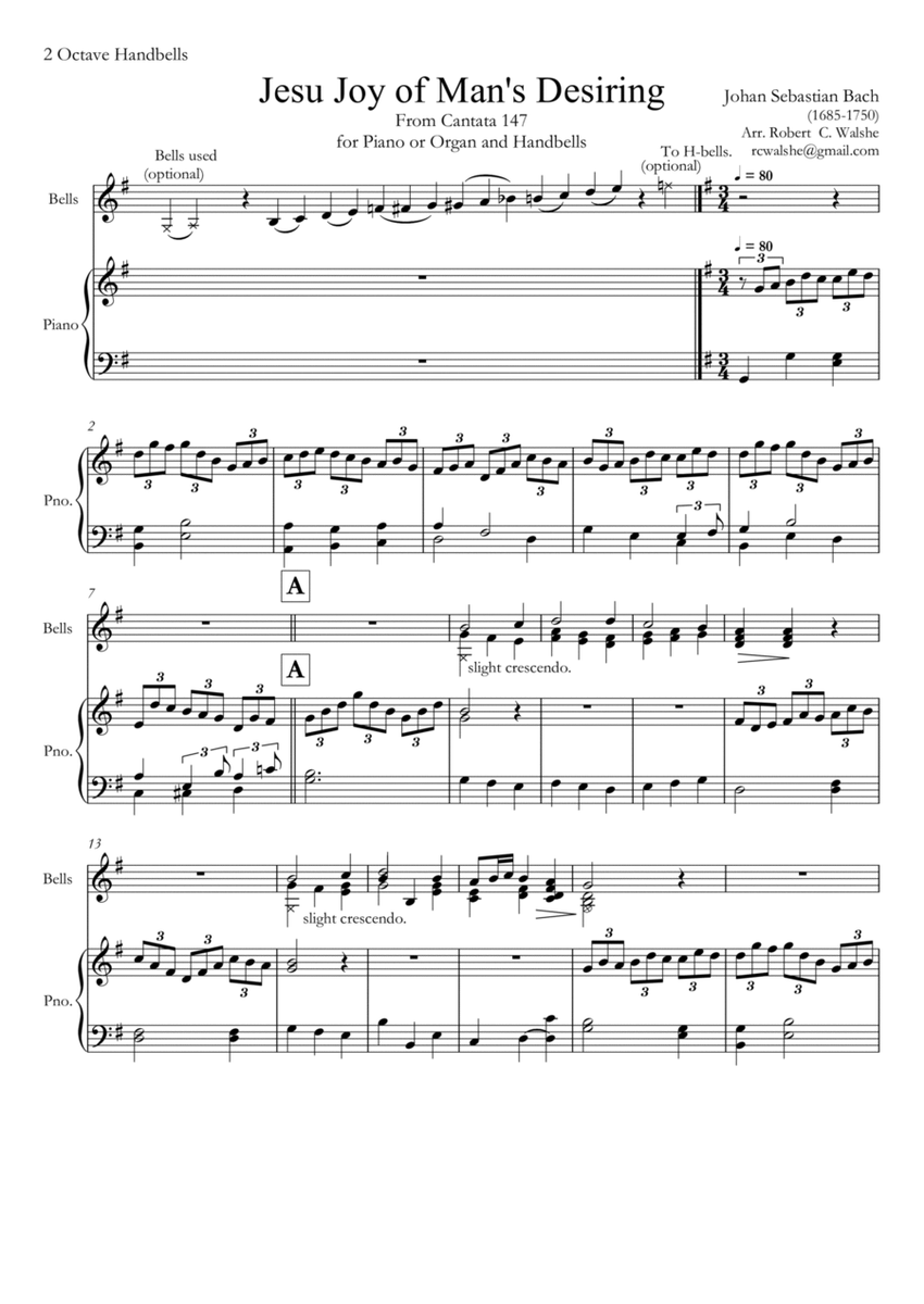 Jesu Joy of Man's Desiring for Piano or Organ and 2 octave handbells - Score Only image number null