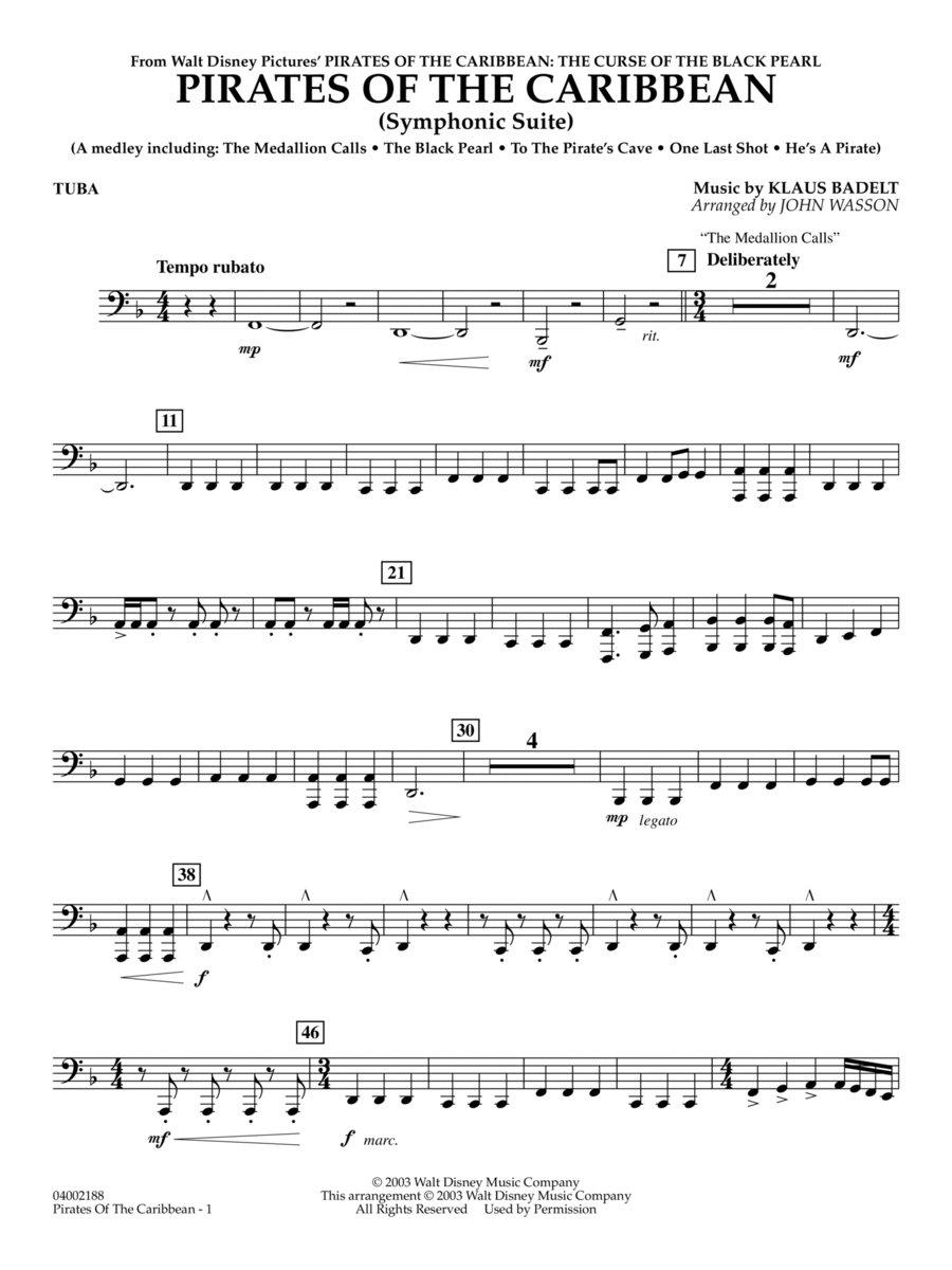 Pirates Of The Caribbean (Symphonic Suite) (arr. John Wasson) - Tuba
