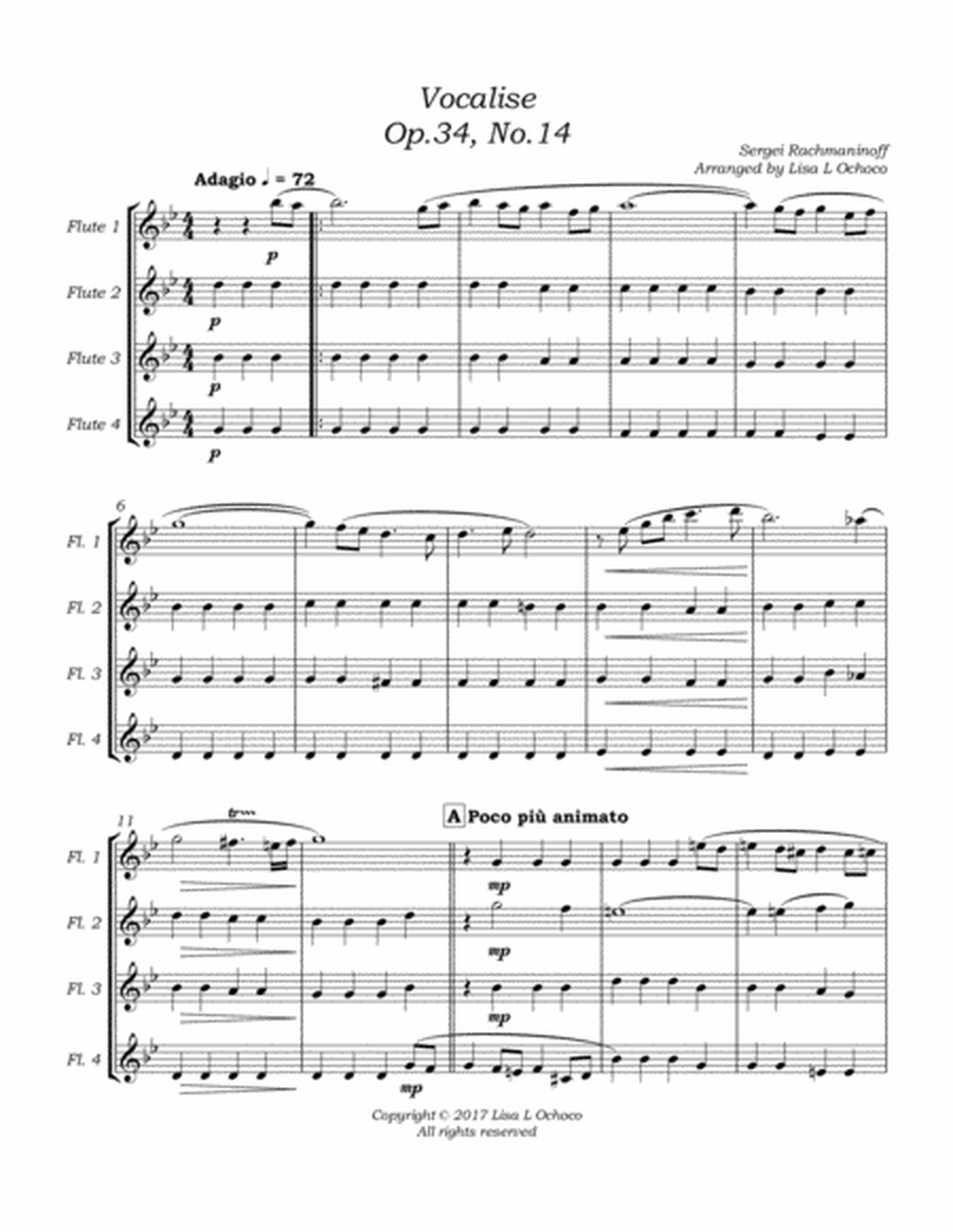 Vocalise Op34 No14 for Flute Quartet image number null