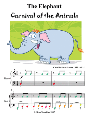 Book cover for The Elephant Carnival of the Animals Easy Piano Sheet Music with Colored Notes