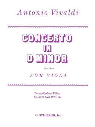 Book cover for Viola Concerto In D Minor, Op. 3, No. 6 - Viola/Piano