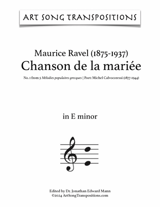 Book cover for RAVEL: Chanson de la mariée (transposed to E minor)